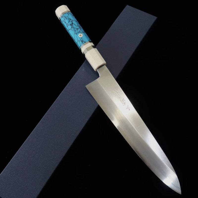 MIURA Obidama, Gyuto à simple biseau, acier Gin-san n°3, manche custom turquoise (240mm)