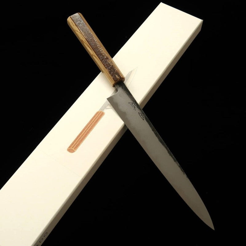 Hado HADO Sujihiki Aogami nº1, acabado kuro-uchi, Damasco, mango de corteza de cerezo escarchado (240 mm)