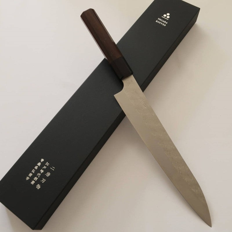 二唐刃物鍛造所 NIGARA SPG STRIX 槌目ダマスカス 筋引 紫檀柄 (240mm)