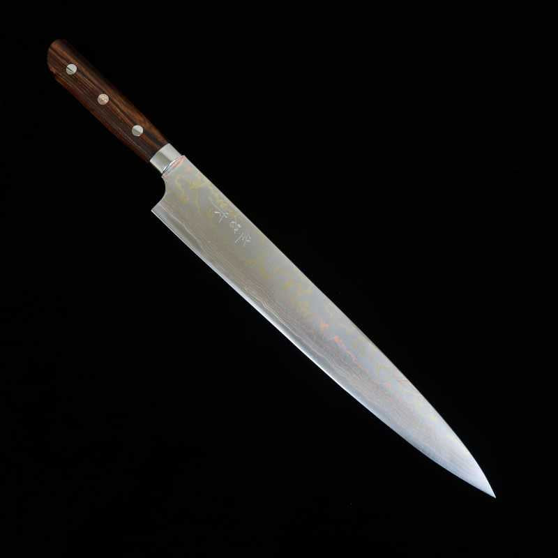 SAJI TAKESHI Sujihiki acier bleu #2, damas coloré, bois de fer (270mm)