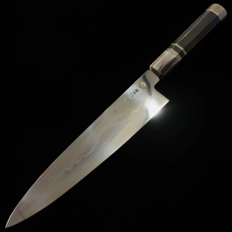 Gyuto SUISIN Fuji mizu Honyaki Ikeda Miwa Shirogami 1 acabamento espelhado Bainha de laca polida Bolsa Nishiki Caixa Paulownia (270mm)