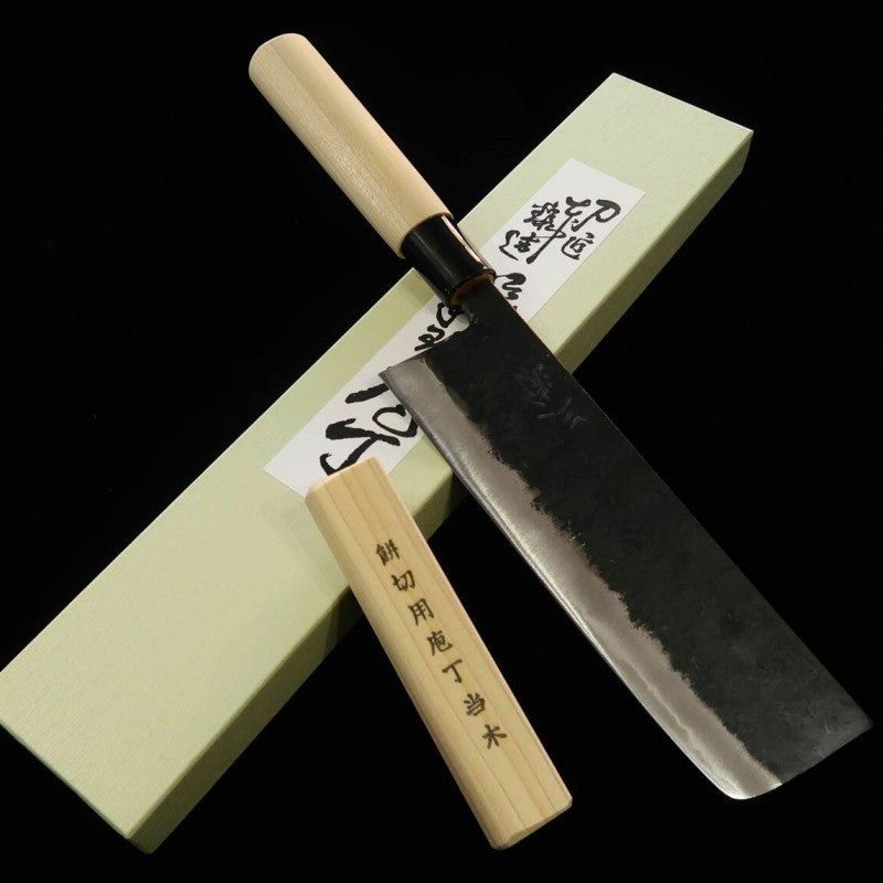 Nakiri MIURA (cuchillo para mochi, ancho), shirogami nº2, acabado negro, mango de magnolia con protector de madera (185 mm)