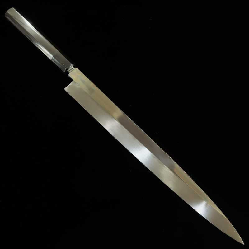 Yanagiba SUISIN Mizu Honyaki Shirogami No.2 acabamento espelhado, cabo octogonal em ébano Forjado por Ikeda (330mm)