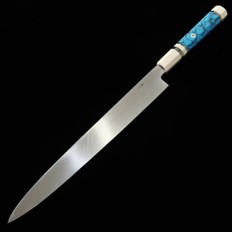 Yanagiba MIURA Obidama VG10 acabamento espelhado cabo turquesa personalizado (300mm)