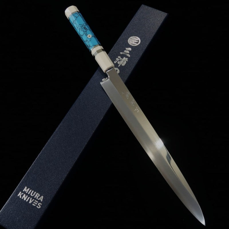 Yanagiba MIURA Obidama VG10 acabamento espelhado cabo turquesa personalizado (300mm)