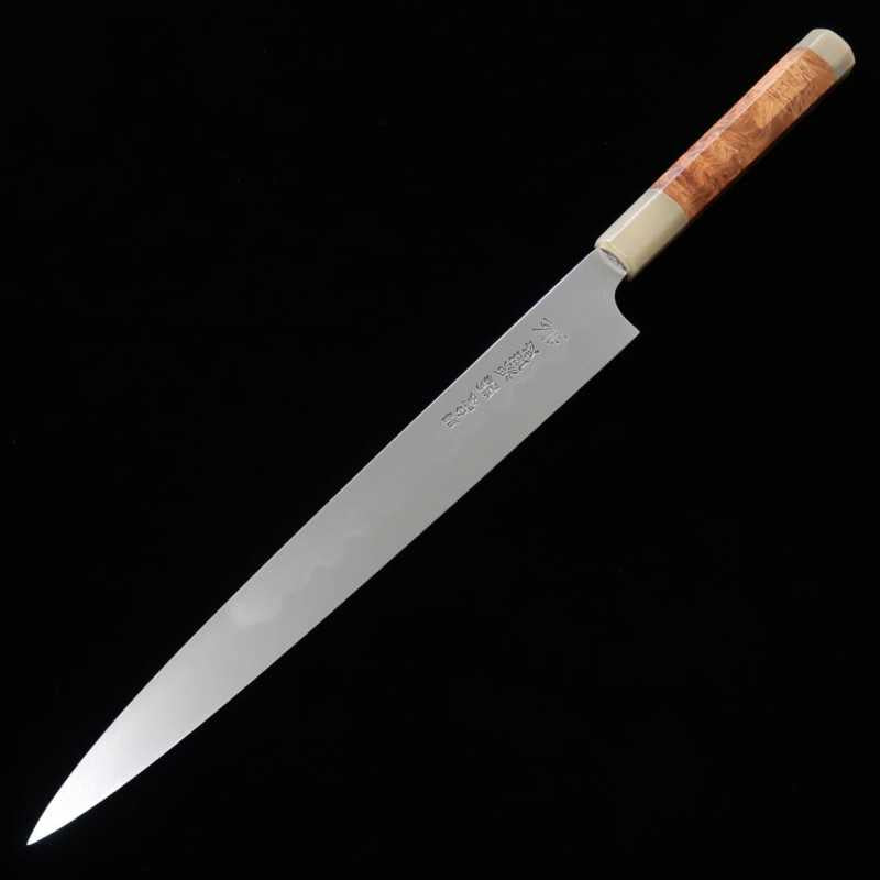 Yanagiba MIZUNO Tanrenjo Honyaki DX Aogami 2 com cabo Karin e bainha de magnólia (300mm)