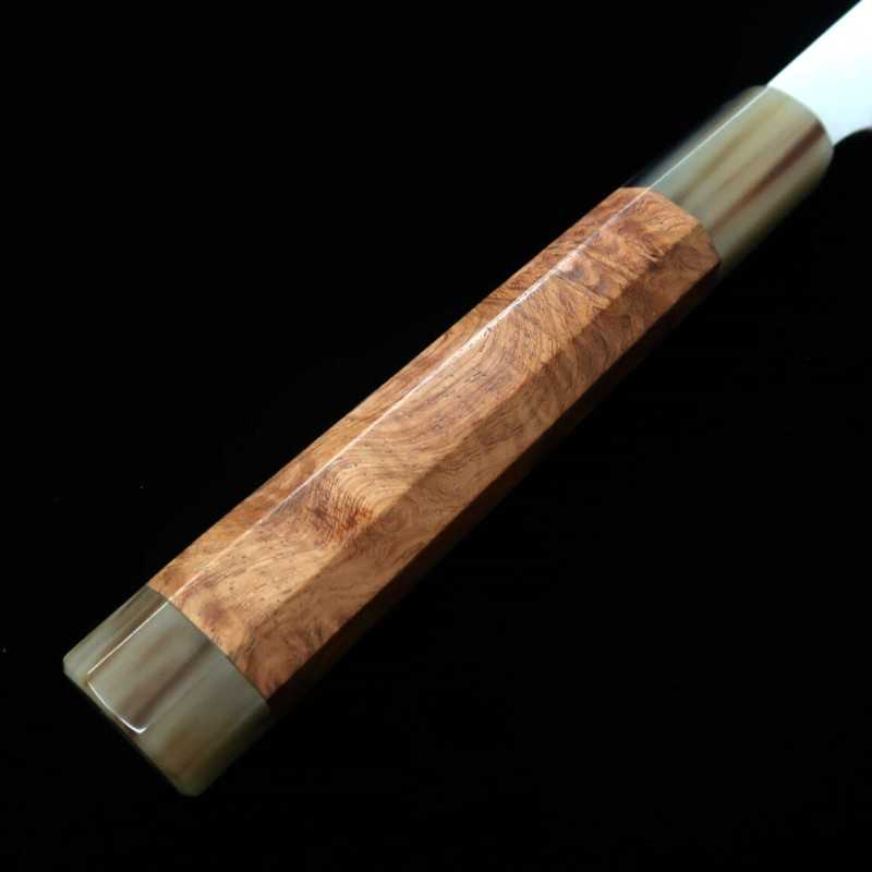 Yanagiba MIZUNO Tanrenjo Honyaki DX Aogami 2 com cabo Karin e bainha de magnólia (300mm)