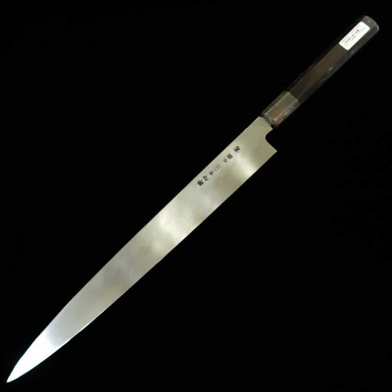Yanagiba Mizu Honyaki SUISIN Aogami No. 2, acabamento espelhado cabo octogonal de ébano Ikeda (330mm)