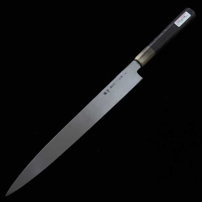 Yanagiba Mizu Honyaki SUISIN Shirogami No. 2 acabamento espelhado cabo octogonal em ébano Ikeda (300mm)