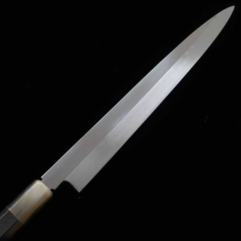 Yanagiba Mizu Honyaki SUISIN Shirogami No. 2 acabamento espelhado cabo octogonal em ébano Ikeda (300mm)