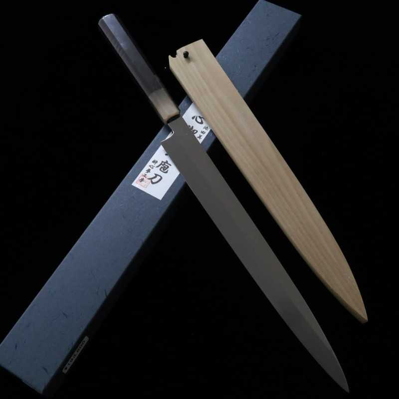 Yanagiba Mizu Honyaki SUISIN Shirogami No. 2 acabamento espelhado cabo octogonal em ébano Ikeda (300mm)
