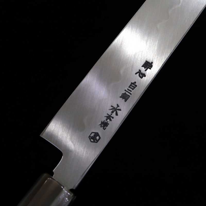 Suishin SUISIN por Miwa Ikeda, Hakushi nº2, forja Mizumoto, Yanagiba espelhado, cabo octogonal de ébano (300mm)