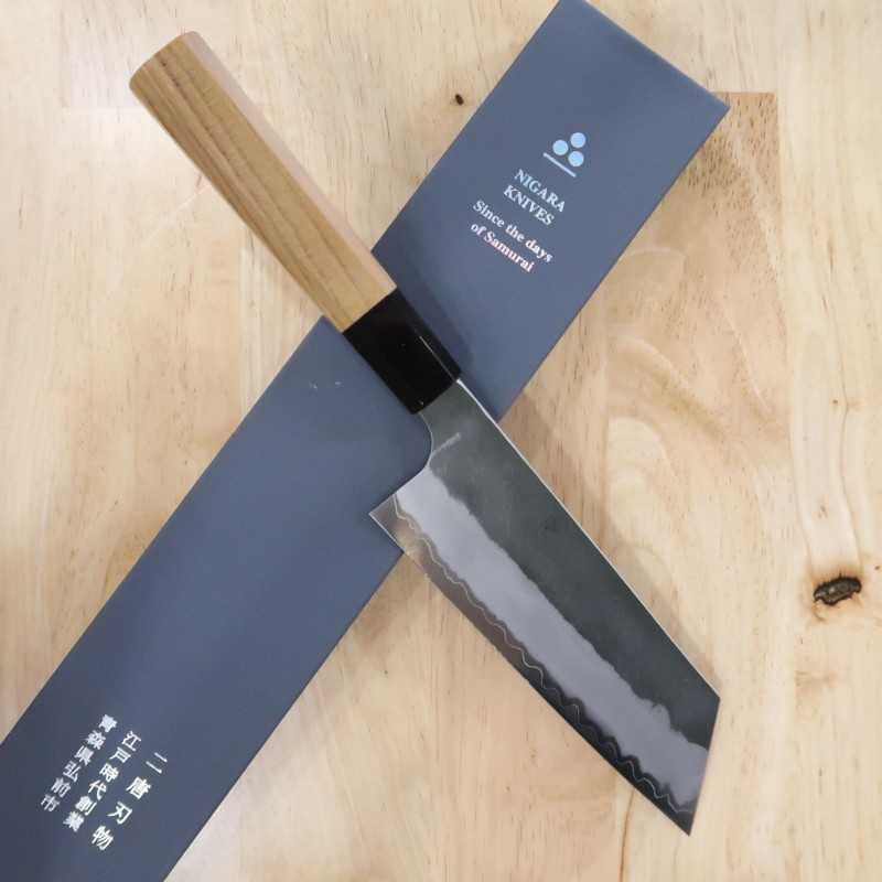 二唐刃物鍛造所 NIGARA 青紙スーパー黒打 切付菜切 チーク八角柄 (170mm)