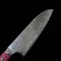 Japanese Santoku Knife - TAKESHI SAJI - Stainless Damascus R2 Steel diamond finish - red and white turquoise Handle - Size: 18cm