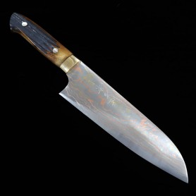 Japanese santoku Knife - TAKESHI SAJI - Blue Steel No.2 Damascus - Colored - Brown deer horn Handle - Size: 18cm