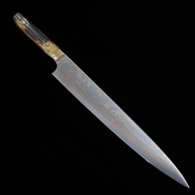Japanese sujihiki Knife - TAKESHI SAJI - Blue Steel No.2 Damascus - Colored - Brown deer horn Handle - Size: 27cm