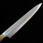 Japanese sujihiki Knife - TAKESHI SAJI - Blue Steel No.2 Damascus - Colored - Brown deer horn Handle - Size: 27cm