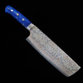 Japanese nakiri Knife - TAKESHI SAJI - Stainless VG-10 Damascus - Colored -blue acrylic- Size:17cm