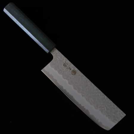 Japanese Nakiri Knife - MIURA - Stainlessclad carbon white - Hammerd Finish - Indigo wood handle -Size:16.5cm