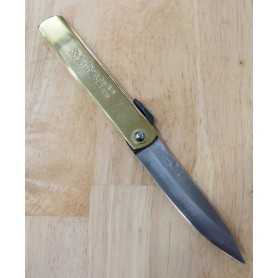 Japanese Higonokami knife - Nagao Kanekoma - Carbon Damascus Blue Steel - Gold Handle - Size: 90mm