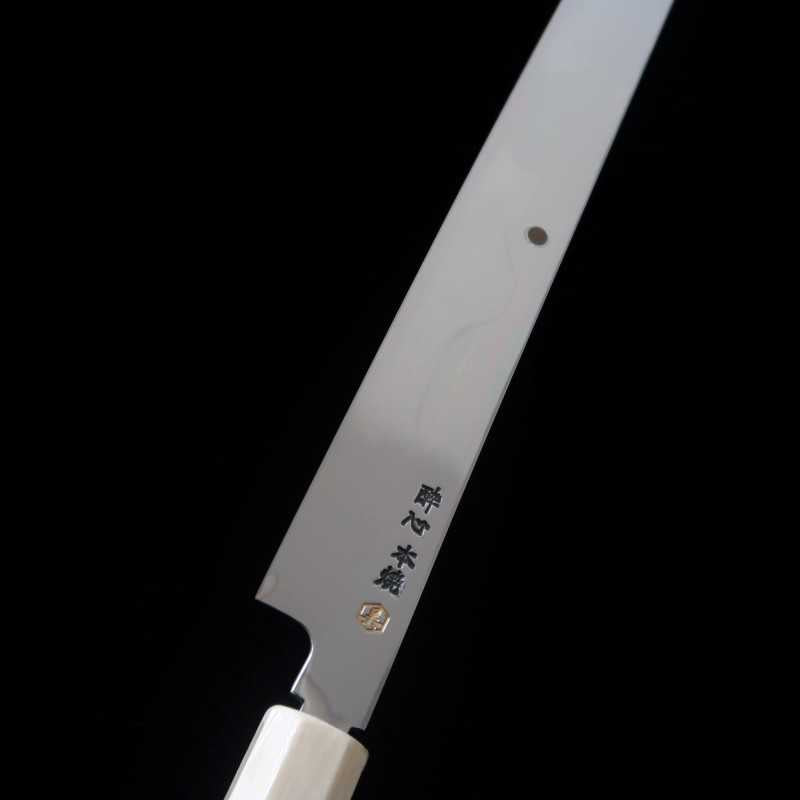 Sakimaru Takobiki SUISIN obra de Ikeda Yoshikazu, Shirogami no.3, acabado de espejo,mango octogonal de Ébano y marfil artificial (300mm)