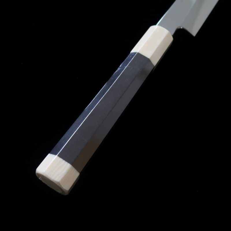 Sakimaru Takobiki SUISIN obra de Ikeda Yoshikazu, Shirogami no.3, acabado de espejo,mango octogonal de Ébano y marfil artificial (300mm)