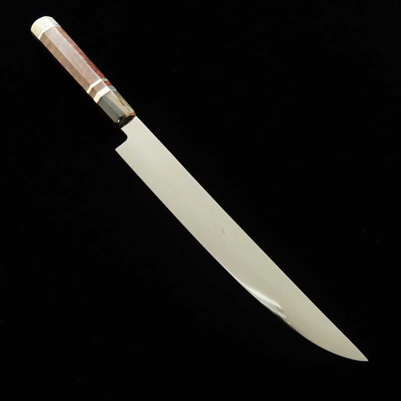 Sujihiki SUISIN White Steel Fuji-Honyaki Sword-Shaped, Fully Mirror-Finished Snakewood Silver-Wrapped Three-Piece Handle (300mm)