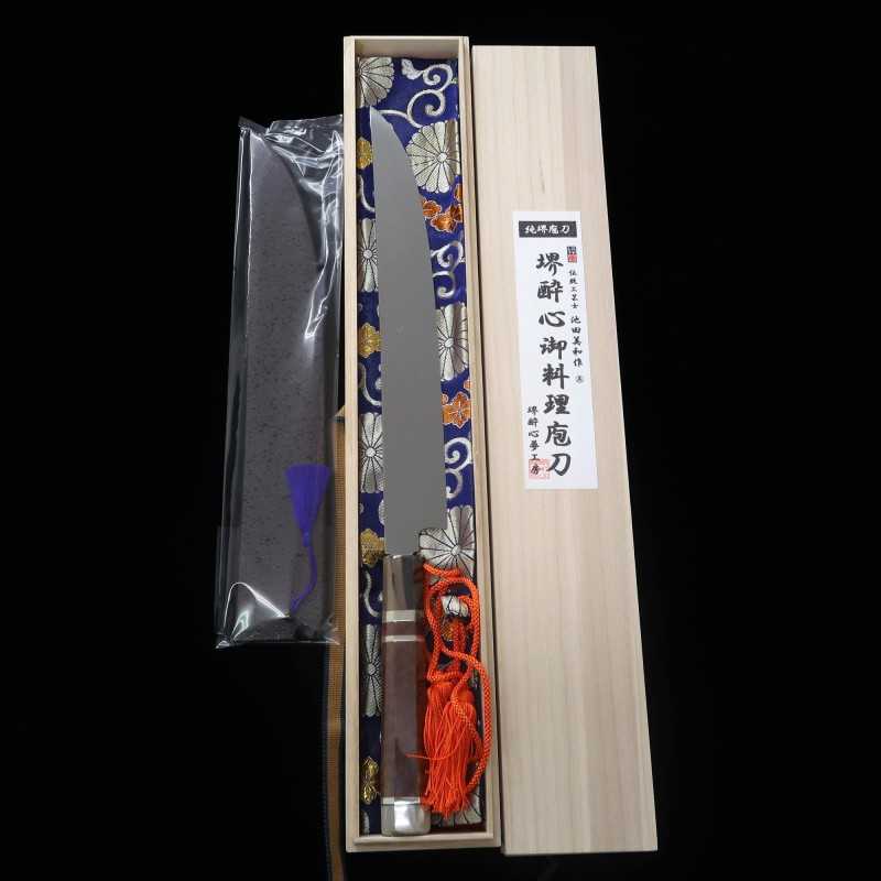Sujihiki SUISIN White Steel Fuji-Honyaki Sword-Shaped, Fully Mirror-Finished Snakewood Silver-Wrapped Three-Piece Handle (300mm)