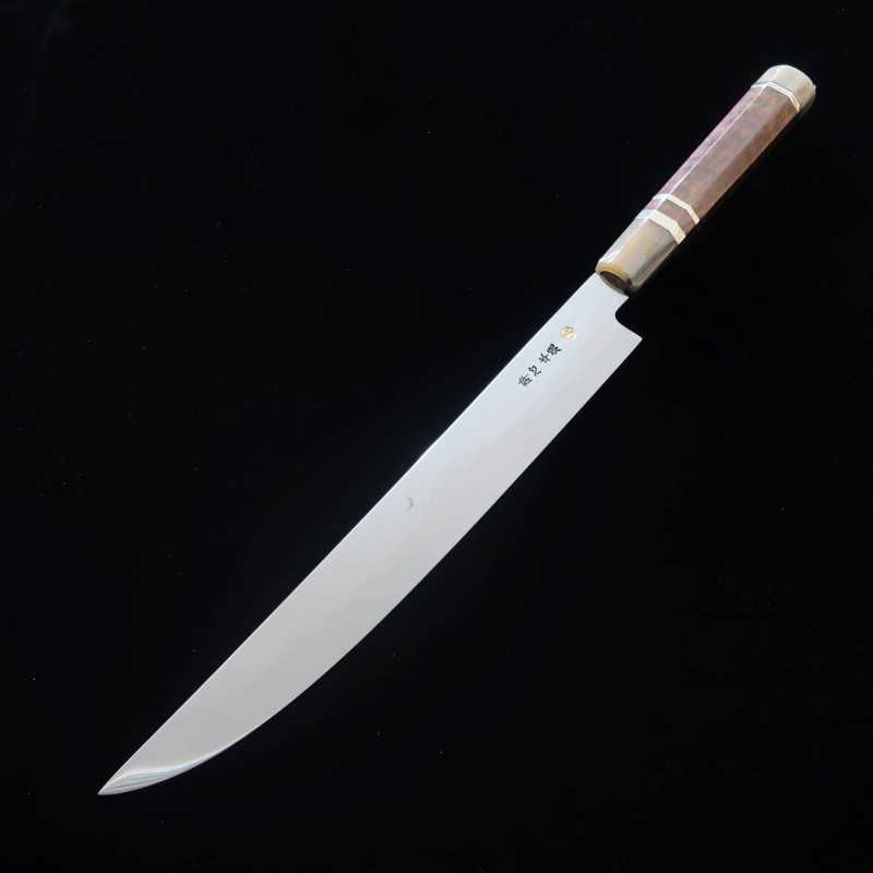 Sujihiki SUISIN White Steel Fuji-Honyaki Sword-Shaped, Fully Mirror-Finished Snakewood Silver-Wrapped Three-Piece Handle (300mm)