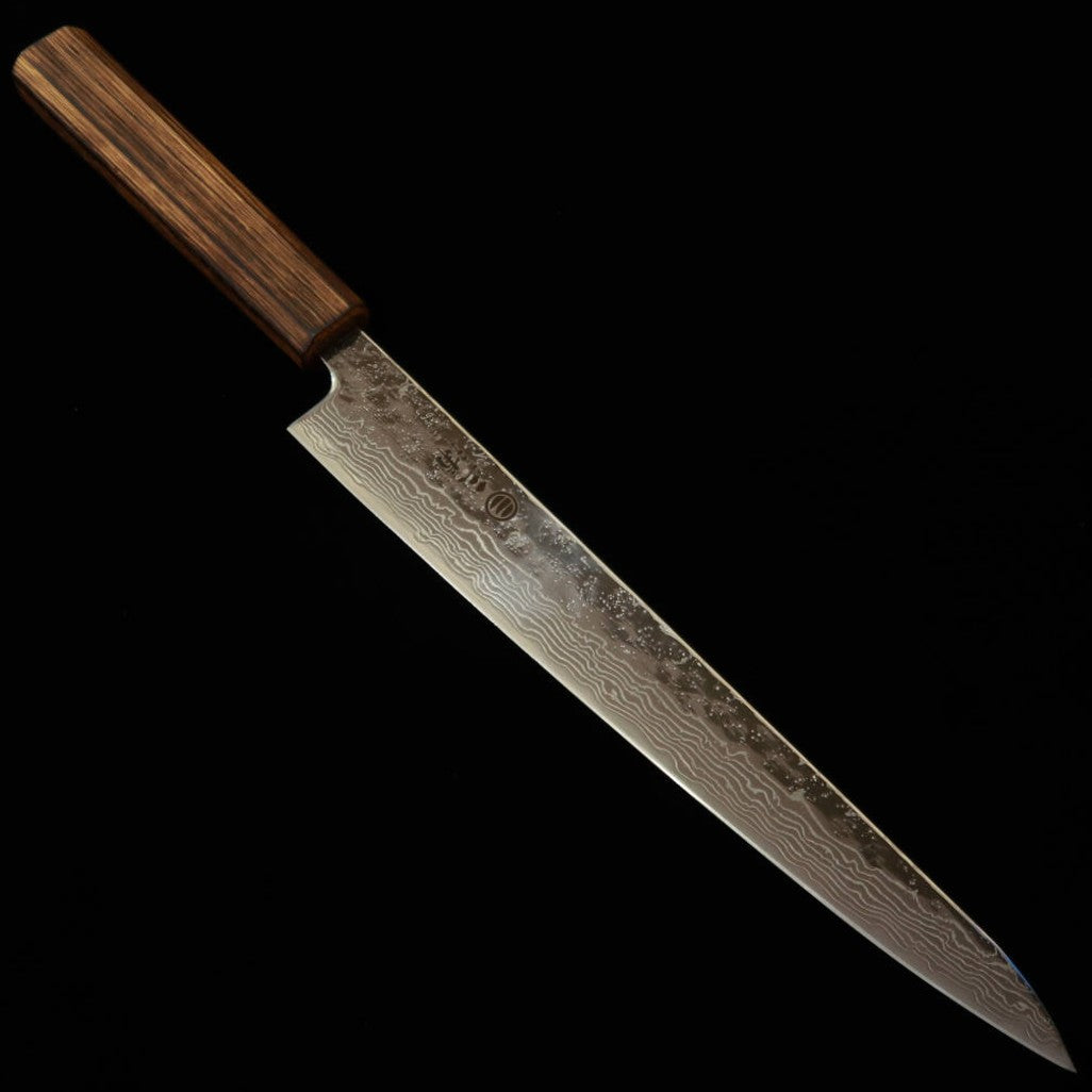 Miura Sujihiki Slicer 440C, Mirror Finish, Damascus, Black Oak Handle (240mm)