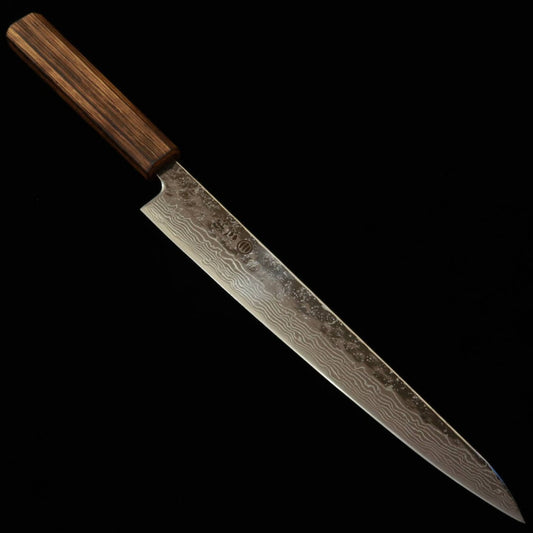 Miura Sujihiki Slicer 440C, Mirror Finish, Damascus, Black Oak Handle (240mm)