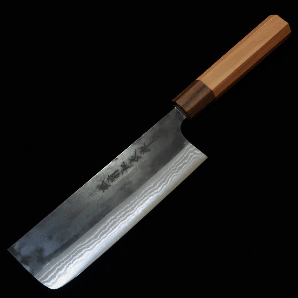 KAMO Nakiri, Blue Carbon, Black Damascus, Cherry Blossom Octagonal Handle (165mm)