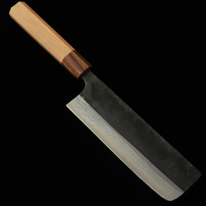 Kamo Hamono Seisakusho Nakiri acero Aogami acabado negro Damasco mango octogonal de sakura (165 mm)