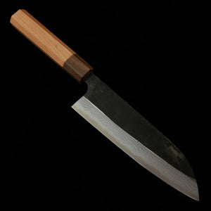 Kamo Hamono Seisakusho Santoku Acero Aogami, acabado negro, Damasco, mango octogonal de sakura (165 mm)