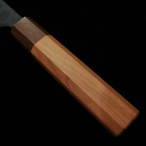 Kamo Hamono Seisakusho Santoku Acero Aogami, acabado negro, Damasco, mango octogonal de sakura (165 mm)