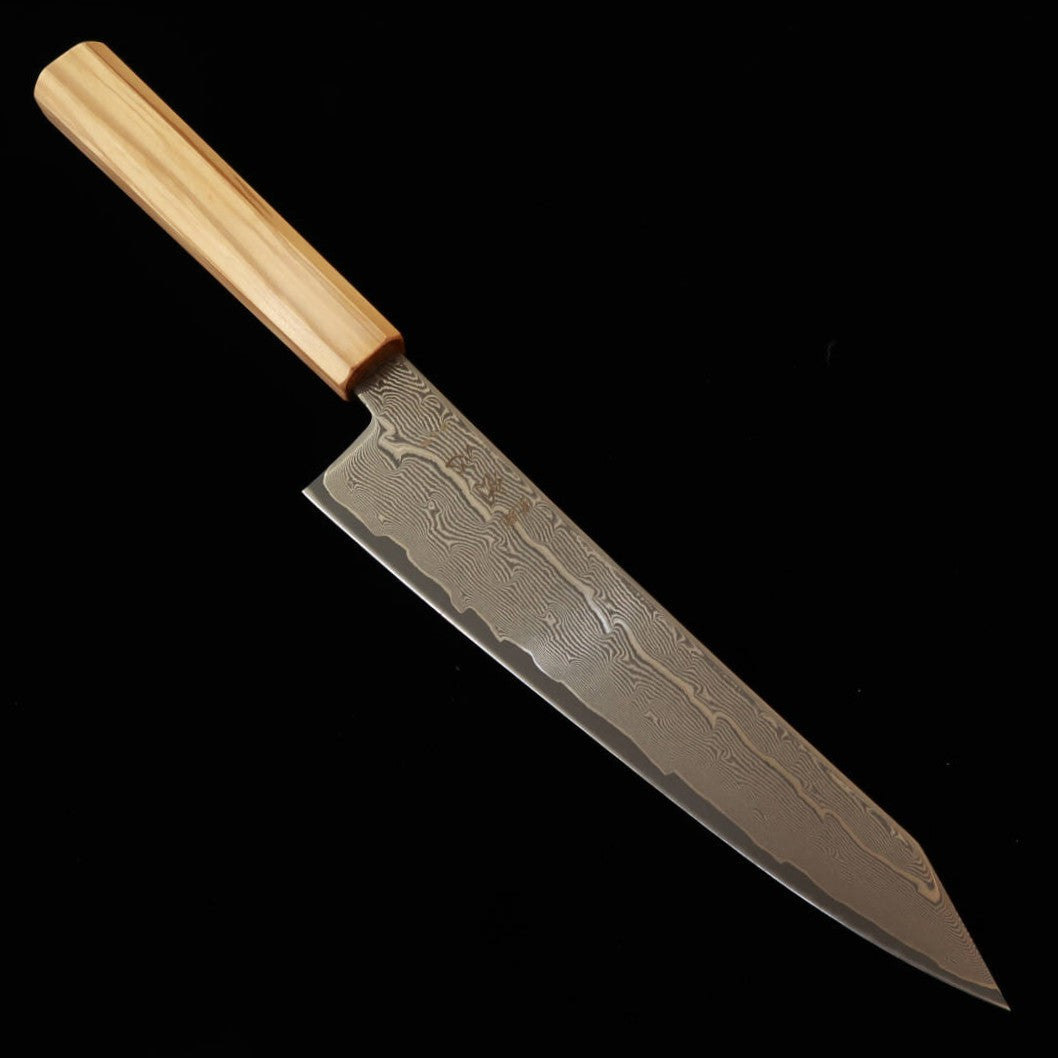 Couteau Kiritsuke Gyuto Hatsukokoro, Acier Ginsan Damas, Manche Octogonal en Olivier (210 mm)
