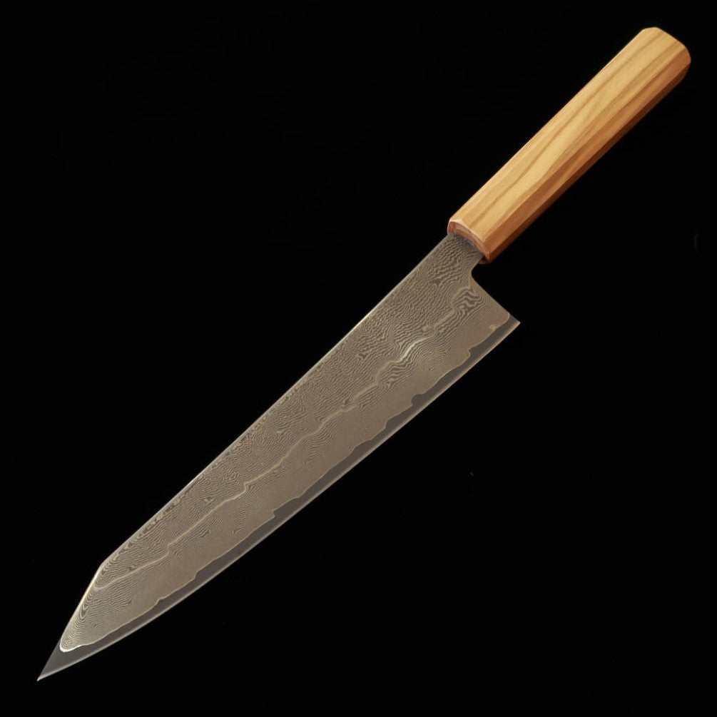 Couteau Kiritsuke Gyuto Hatsukokoro, Acier Ginsan Damas, Manche Octogonal en Olivier (210 mm)