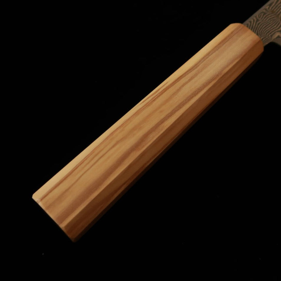 Couteau Kiritsuke Gyuto Hatsukokoro, Acier Ginsan Damas, Manche Octogonal en Olivier (210 mm)