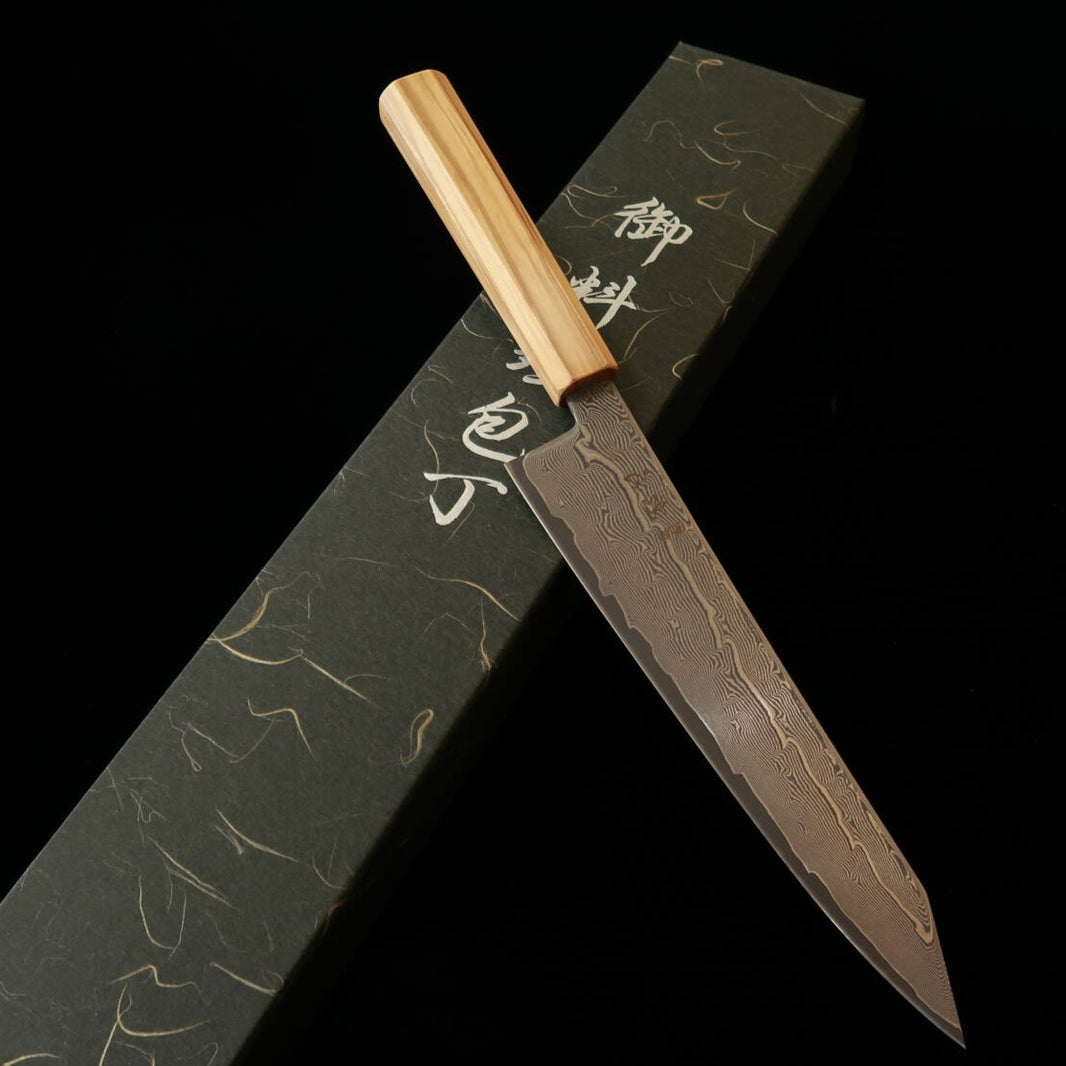 HATSUKOKORO Shoshin K-tip Gyuto Gingami nº3 Damasco mango octogonal de olivo (210 mm)