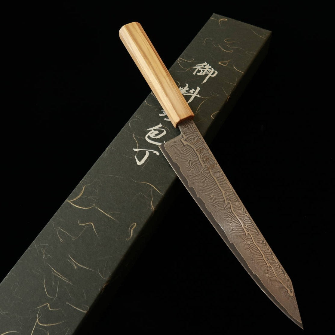 Couteau Kiritsuke Gyuto Hatsukokoro, Acier Ginsan Damas, Manche Octogonal en Olivier (210 mm)