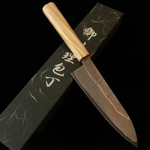 Hatsukokoro HATSUKOKORO Santoku Gin-san #3 Damasco Cabo octogonal de oliveira (170 mm)