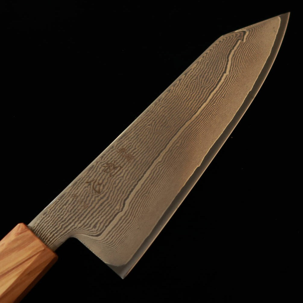 Hatsukokoro Kiritsuke Santoku Aogami No. 3 Damascus Olive Octagonal Handle (170mm)