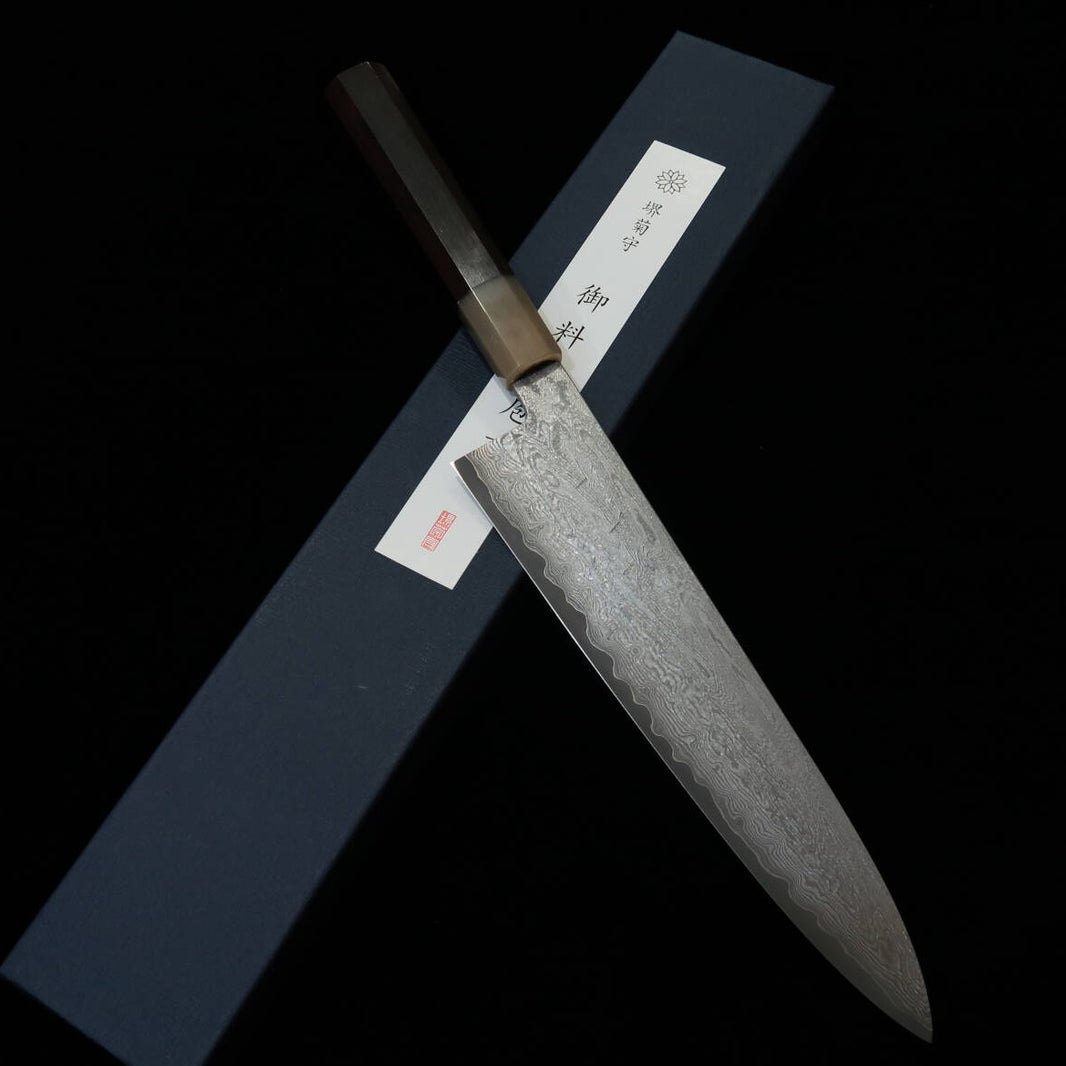 Gyuto SAKAI KIKUMORI "Nebulosa" VG10 mango de ébano y cuerno de búfalo blanco (210/240mm)