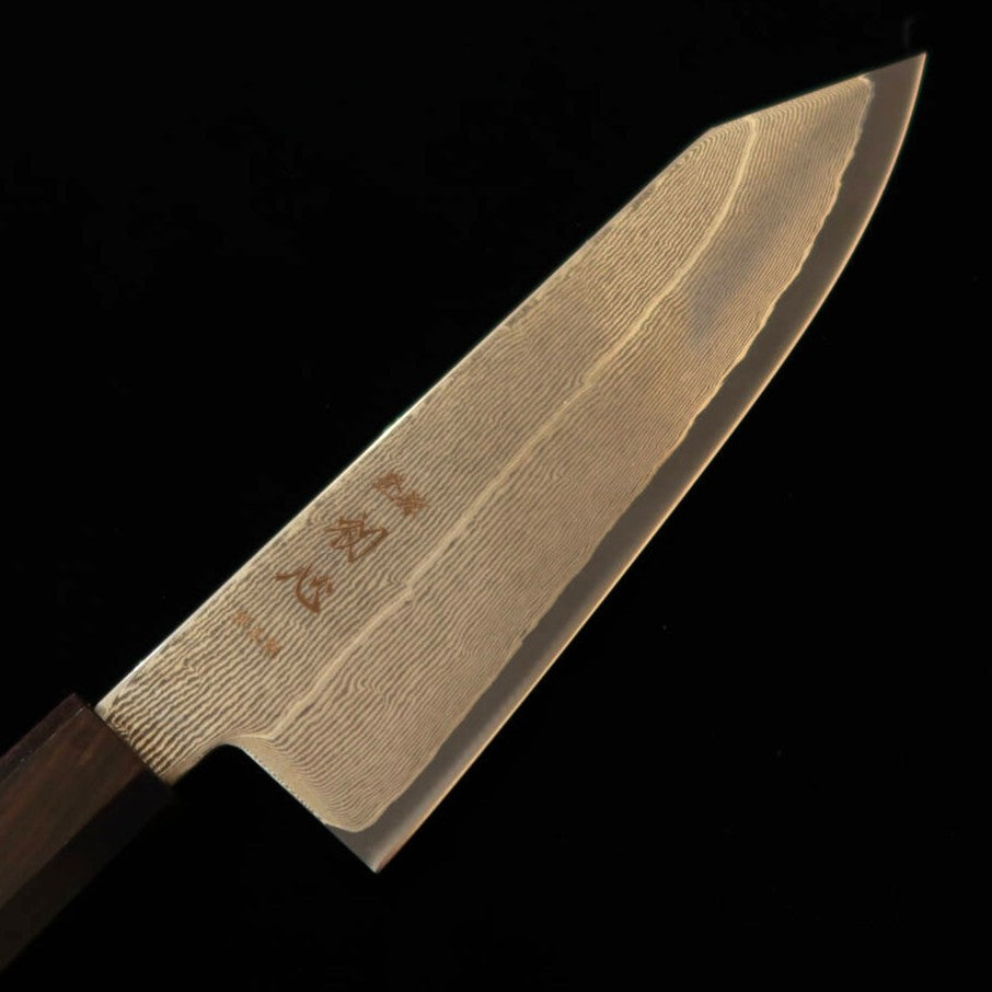 Hatsukokoro Kiritsuke Santoku Aogami No. 3 Damascus with Integrated Ebony Handle (170mm)