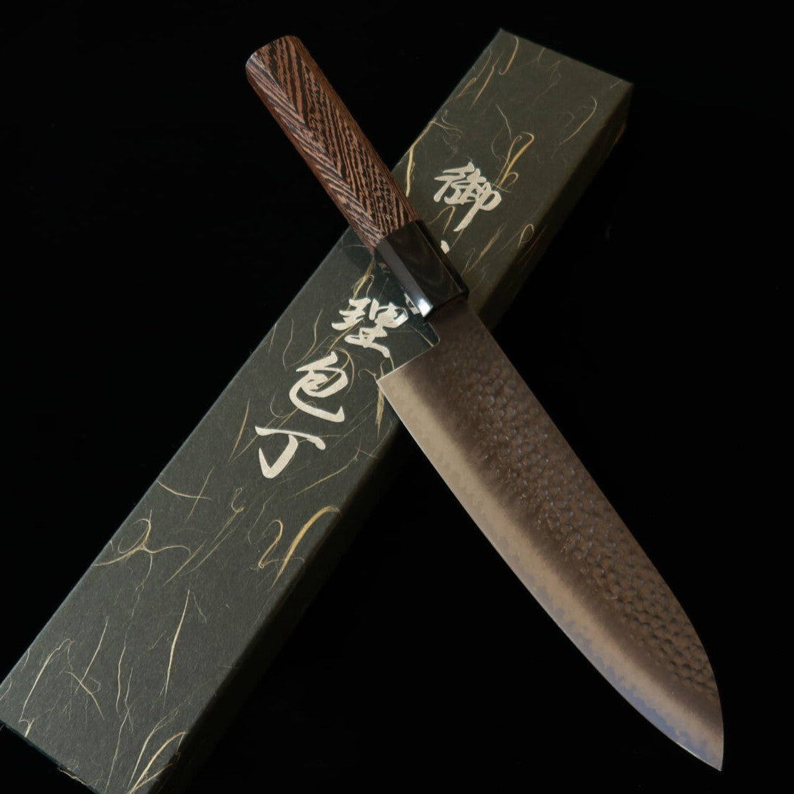 Miura VG10 Blackened Hammered Damascus Santoku Knife with Wenge Octagonal Handle (180mm)