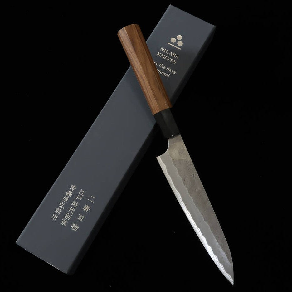NIGARA Petty Aogami Super, finition polie martelée, manche en teck (120/150mm)