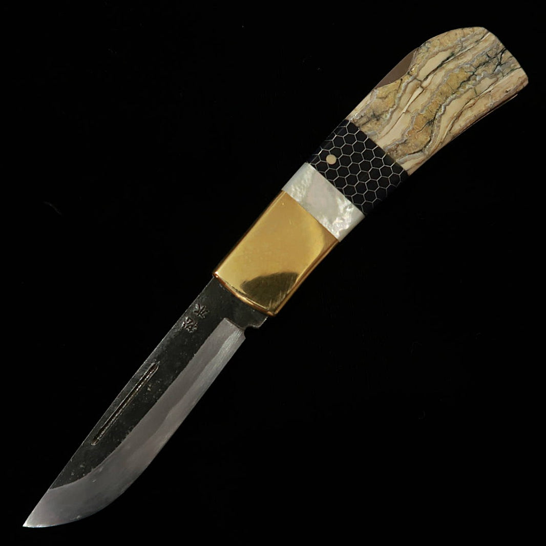 Takeda Hamono TAKEDA Forgeron de Bitchu, œuvre de Fumio Inagaki, couteau pliant back lock Perle/Dent de mammouth/Nid d’abeille