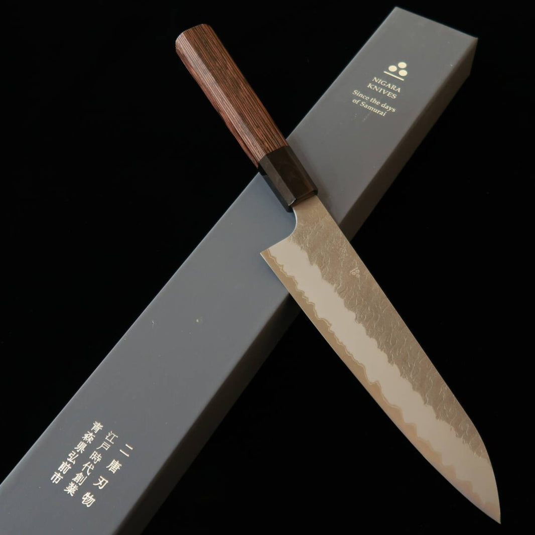 NIGARA – Gyuto Aogami Super, martelé, manche octogonal en wengé (210–270 mm)