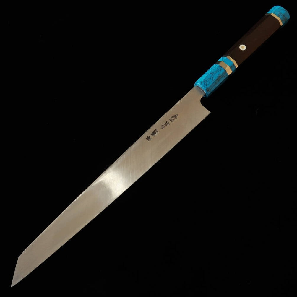 Miura Itadaki MIURA Itadaki por Yoshikazu Tanaka, yanagiba kiritsuke, Shirogami #2, acabamento kuro-uchi, cabo de turquesa (270 mm)