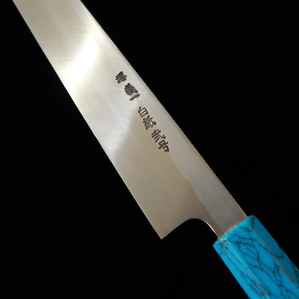 Miura Itadaki MIURA Itadaki por Yoshikazu Tanaka, yanagiba kiritsuke, Shirogami #2, acabamento kuro-uchi, cabo de turquesa (270 mm)